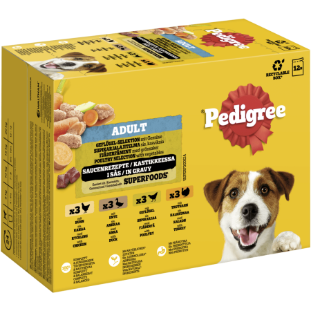 PEDIGREE Multipack Portion Bag Poultry Selection 4 Varieties Chicken, Duck, Poultry, Turkey in Sauce 12x100g